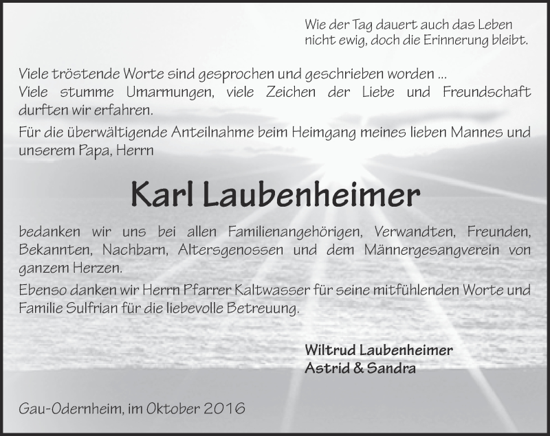  Traueranzeige für Karl Laubenheimer vom 03.11.2016 aus Trauerportal Rhein Main Presse