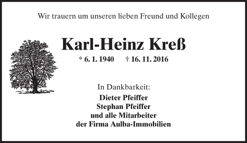  Traueranzeige für Karl-Heinz Kreß vom 19.11.2016 aus 