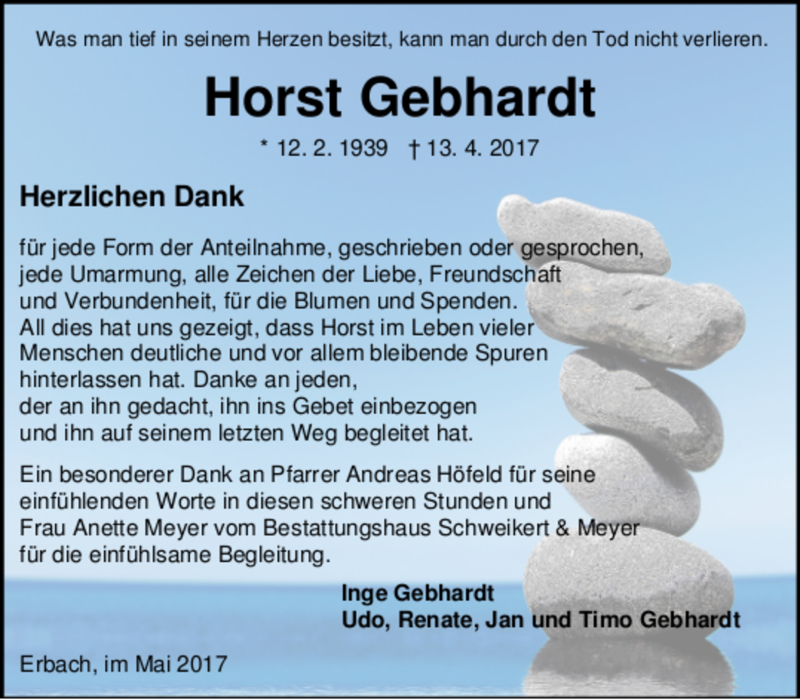  Traueranzeige für Horst Gebhardt vom 13.05.2017 aus Trauerportal Echo Online