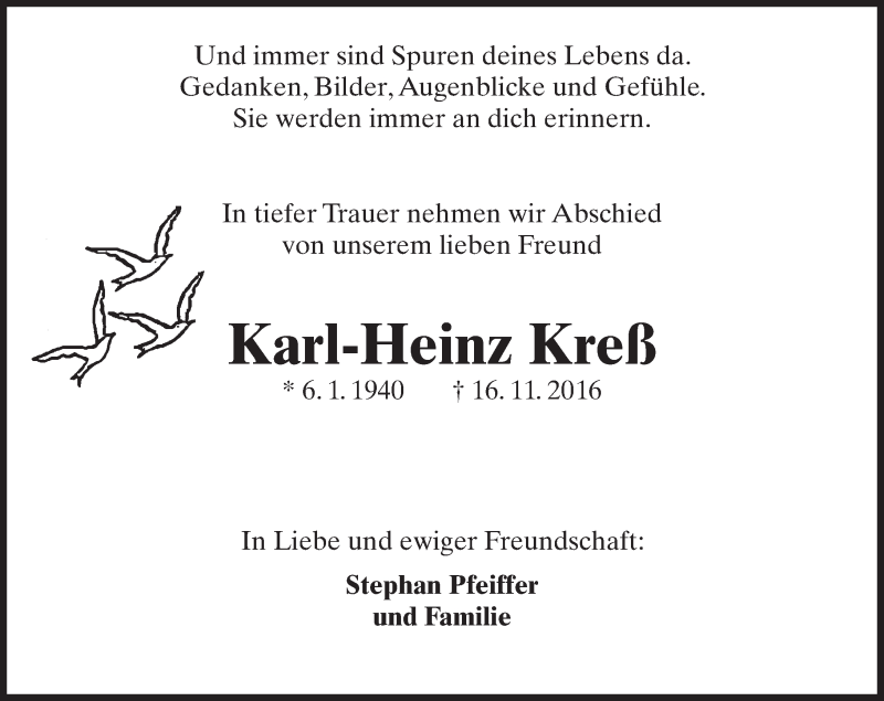  Traueranzeige für Karl-Heinz Kreß vom 19.11.2016 aus 