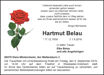 Traueranzeige von Hartmut Belau von Trauerportal Rhein Main Presse