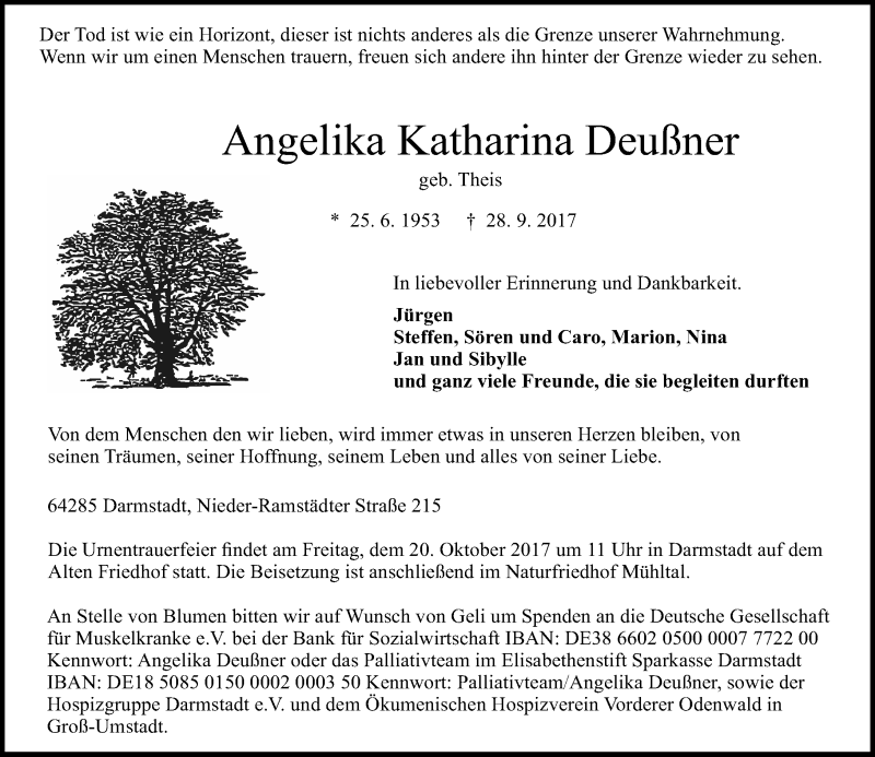  Traueranzeige für Angelika Katharina Deußner vom 07.10.2017 aus 