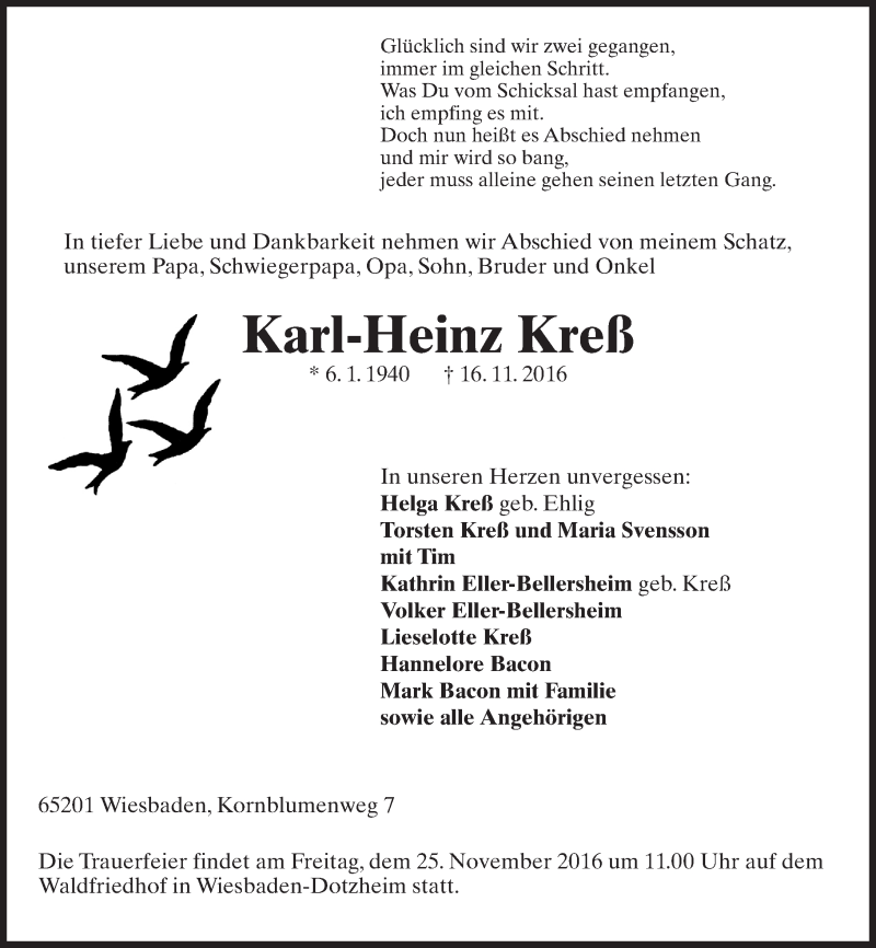  Traueranzeige für Karl-Heinz Kreß vom 19.11.2016 aus 