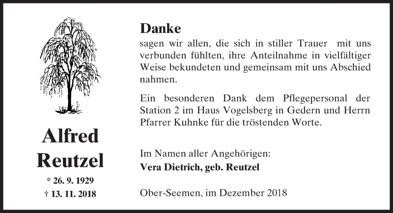  Traueranzeige für Alfred Reutzel vom 08.12.2018 aus 561 Kreisanzeiger
