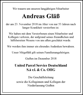 Traueranzeige von Andreas Gläß von 560 Gießener Anzeiger