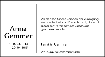 Traueranzeige von Anna Gemmer von 206 WT - Weilburger Tageblatt (140)
