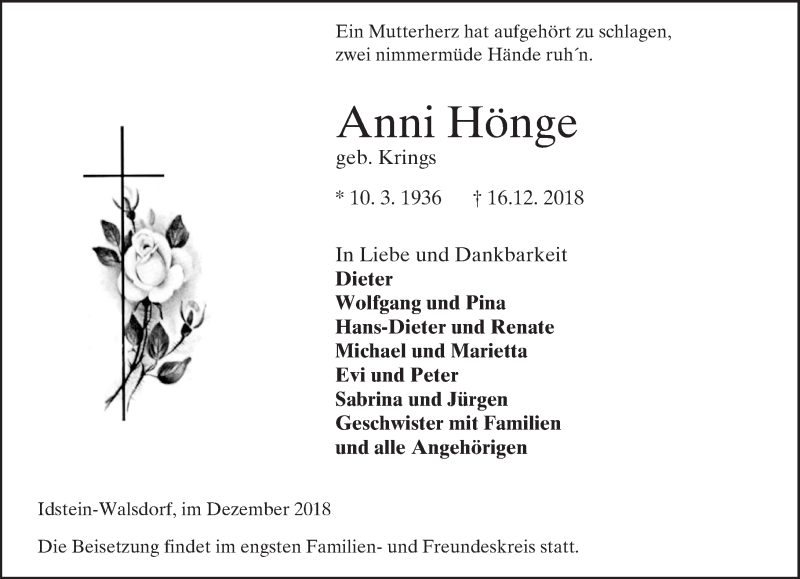  Traueranzeige für Anni Hönge vom 20.12.2018 aus 564 Usinger Anzeiger