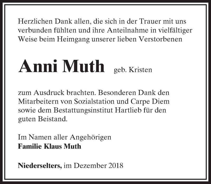  Traueranzeige für Anni Muth vom 13.12.2018 aus 582 Camberger Anzeiger