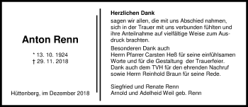Traueranzeige von Anton Renn von 201 WNZ - Wetzlarer Neue Zeitung (110)