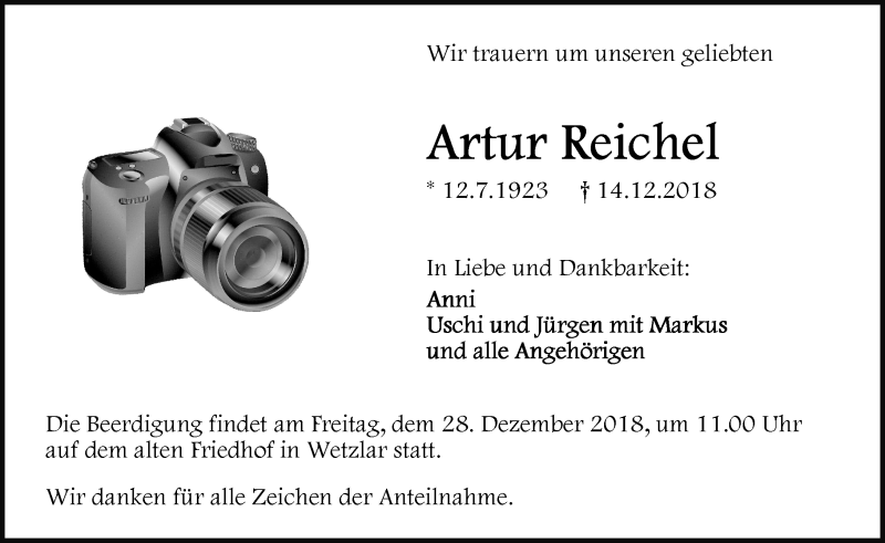  Traueranzeige für Artur Reichel vom 22.12.2018 aus 201 WNZ - Wetzlarer Neue Zeitung (110)