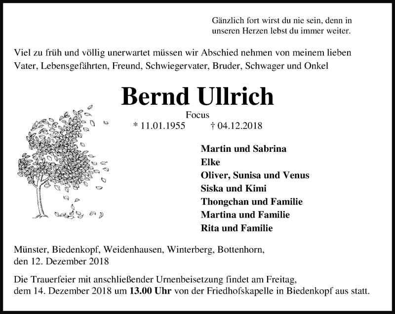  Traueranzeige für Bernd Ullrich vom 12.12.2018 aus 205 HA - Hinterländer Anzeiger (130)