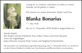 Traueranzeige von Blanka Bonarius von 560 Gießener Anzeiger