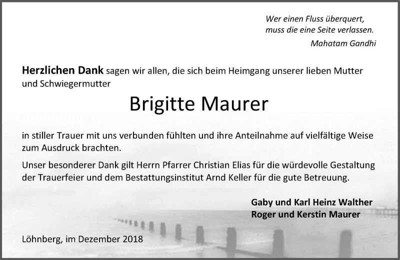  Traueranzeige für Brigitte Maurer vom 28.12.2018 aus 206 WT - Weilburger Tageblatt (140)