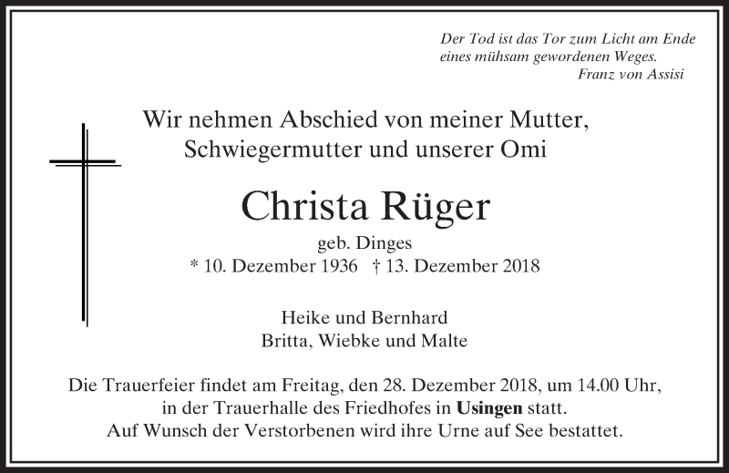  Traueranzeige für Christa Rüger vom 22.12.2018 aus 564 Usinger Anzeiger