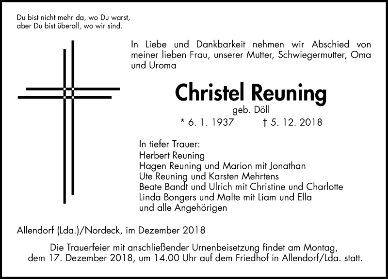  Traueranzeige für Christel Reuning vom 14.12.2018 aus 560 Gießener Anzeiger