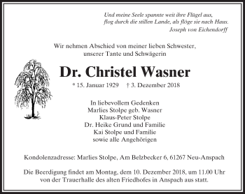 Traueranzeige von Christel Wasner von 564 Usinger Anzeiger
