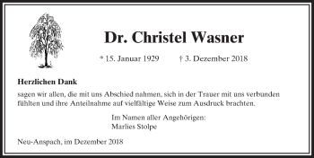 Traueranzeige von Christel Wasner von 564 Usinger Anzeiger