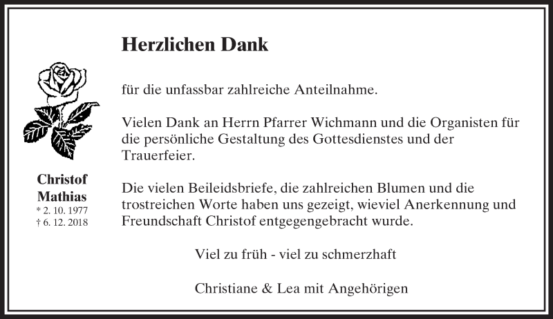  Traueranzeige für Christof Mathias vom 27.12.2018 aus 582 Camberger Anzeiger
