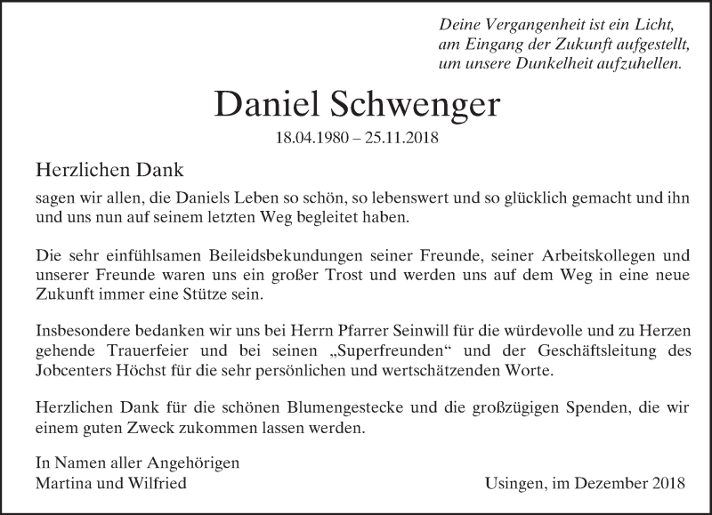  Traueranzeige für Daniel Schwenger vom 21.12.2018 aus 564 Usinger Anzeiger