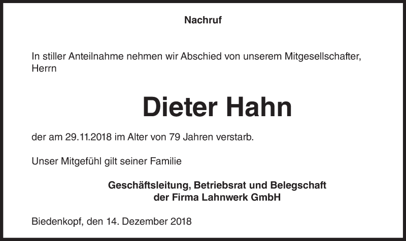  Traueranzeige für Dieter Hahn vom 14.12.2018 aus 205 HA - Hinterländer Anzeiger (130)