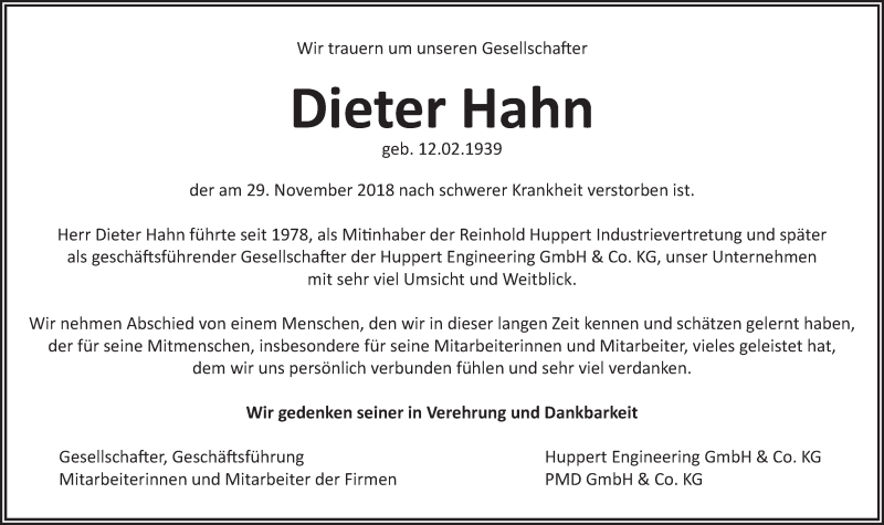  Traueranzeige für Dieter Hahn vom 14.12.2018 aus 205 HA - Hinterländer Anzeiger (130)