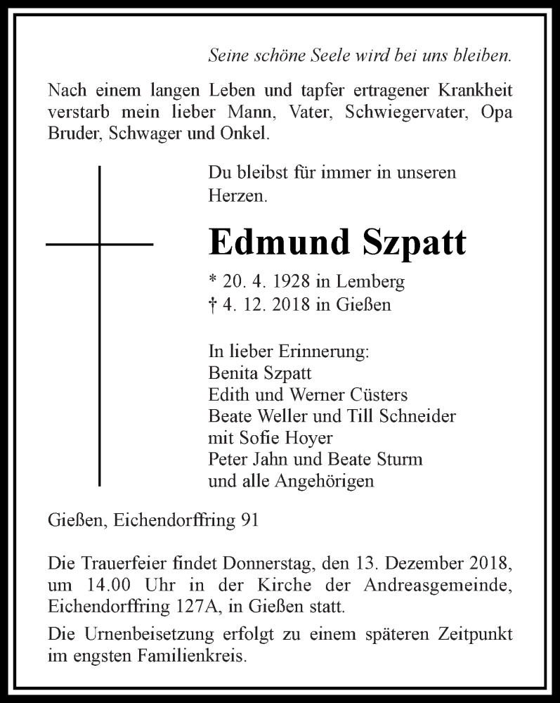  Traueranzeige für Edmund Szpatt vom 08.12.2018 aus 560 Gießener Anzeiger