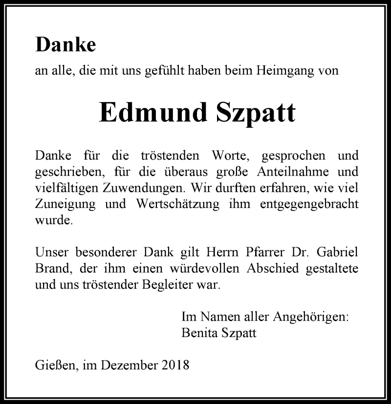  Traueranzeige für Edmund Szpatt vom 29.12.2018 aus 560 Gießener Anzeiger