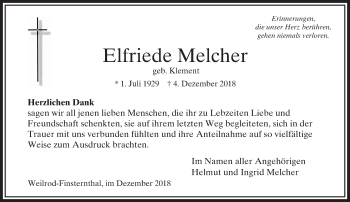 Traueranzeige von Elfriede Melcher von 564 Usinger Anzeiger