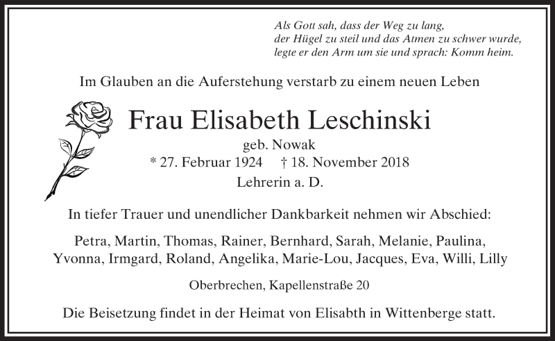  Traueranzeige für Elisabeth Leschinski vom 06.12.2018 aus 582 Camberger Anzeiger