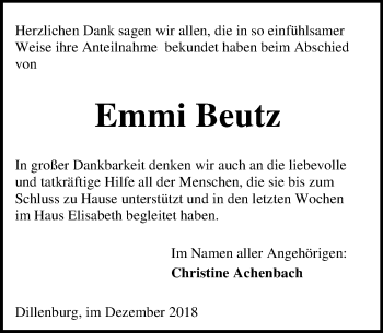 Traueranzeige von Emmi Beutz von 202 Dill Block (120)