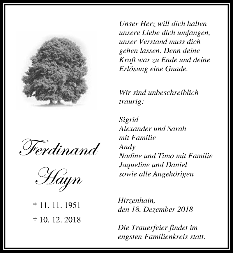  Traueranzeige für Ferdinand Hayn vom 18.12.2018 aus 202 Dill Block (120)