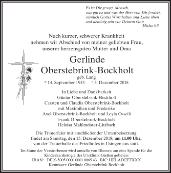 Traueranzeige von Gerlinde Oberstebrink-Bockholt von 564 Usinger Anzeiger