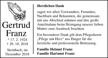Traueranzeige von Gertrud Franz von 202 Dill Block (120)