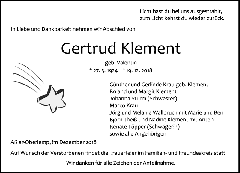  Traueranzeige für Gertrud Klement vom 22.12.2018 aus 201 WNZ - Wetzlarer Neue Zeitung (110)