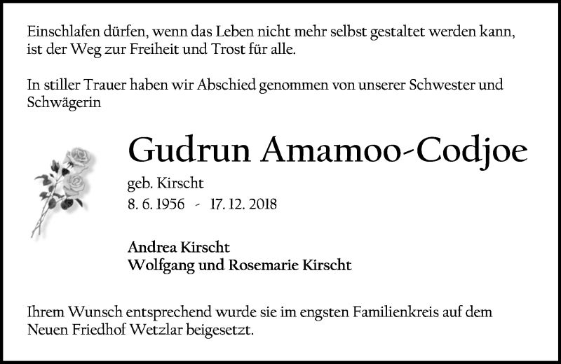  Traueranzeige für Gudrun Amamoo-Codjoe vom 29.12.2018 aus 201 WNZ - Wetzlarer Neue Zeitung (110)