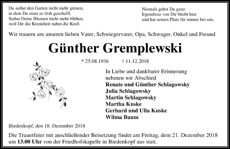  Traueranzeige für Günther Gremplewski vom 18.12.2018 aus 205 HA - Hinterländer Anzeiger (130)