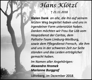 Traueranzeige von Hans Klötzl von 206 WT - Weilburger Tageblatt (140)