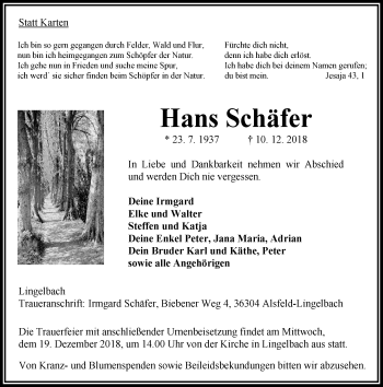 Traueranzeige von Hans Schäfer von VRM Trauer