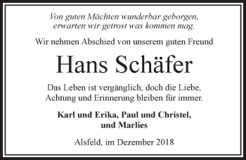 Traueranzeige von Hans Schäfer von VRM Trauer