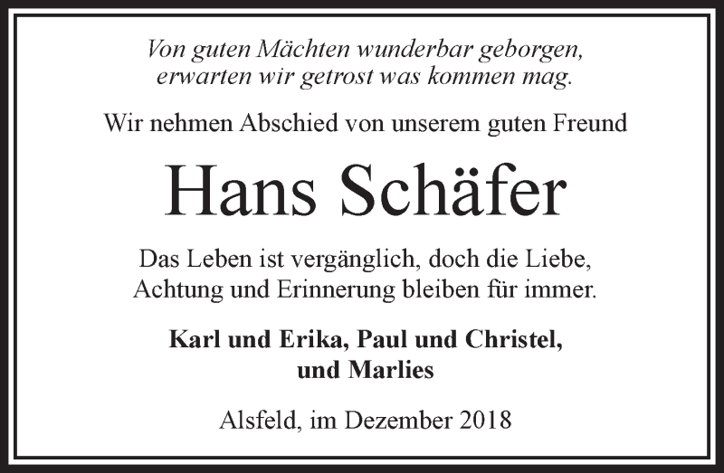  Traueranzeige für Hans Schäfer vom 15.12.2018 aus VRM Trauer