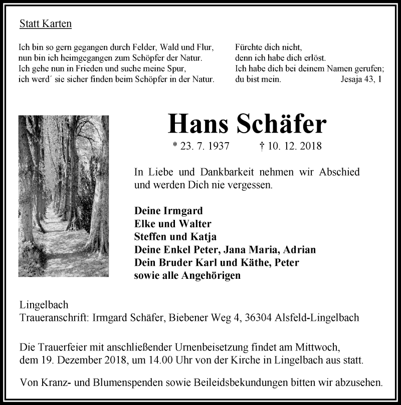  Traueranzeige für Hans Schäfer vom 15.12.2018 aus VRM Trauer