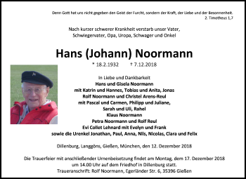 Traueranzeige von Hans Johann Noormann von 202 Dill Block (120)