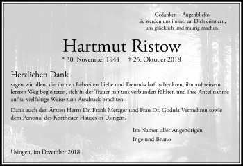 Traueranzeige von Hartmut Ristow von 582 Camberger Anzeiger