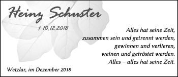 Traueranzeige von Heinz Schuster von 201 WNZ - Wetzlarer Neue Zeitung (110)