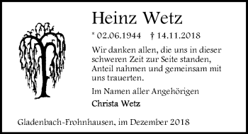 Traueranzeige von Heinz Wetz von 205 HA - Hinterländer Anzeiger (130)