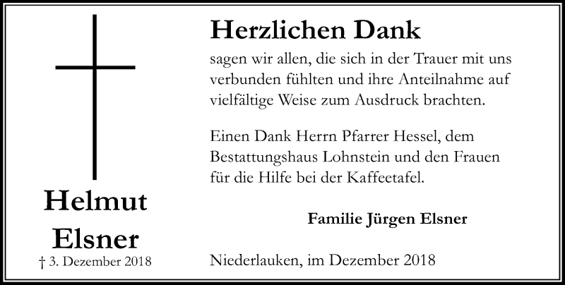  Traueranzeige für Helmut Elsner vom 29.12.2018 aus 564 Usinger Anzeiger