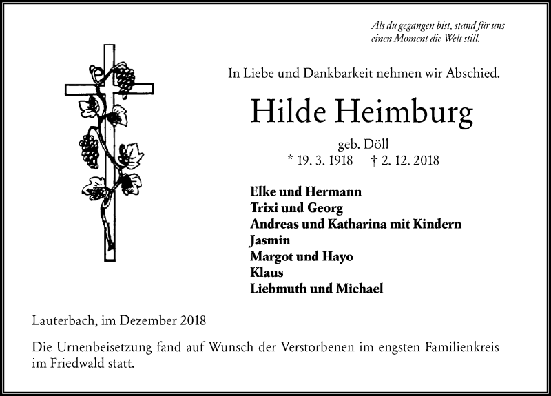  Traueranzeige für Hilde Heimburg vom 21.12.2018 aus VRM Trauer