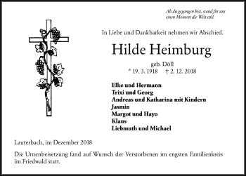 Traueranzeige von Hilde Heimburg von VRM Trauer