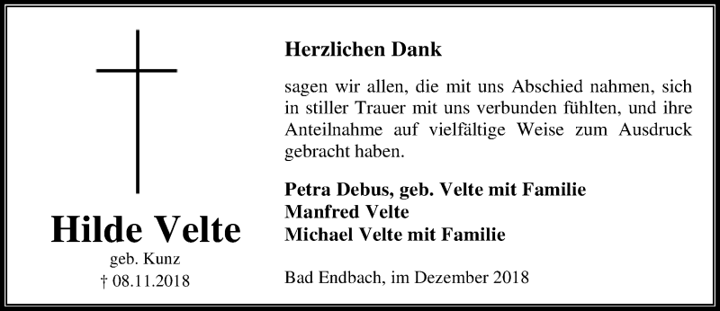  Traueranzeige für Hilde Velte vom 15.12.2018 aus 205 HA - Hinterländer Anzeiger (130)