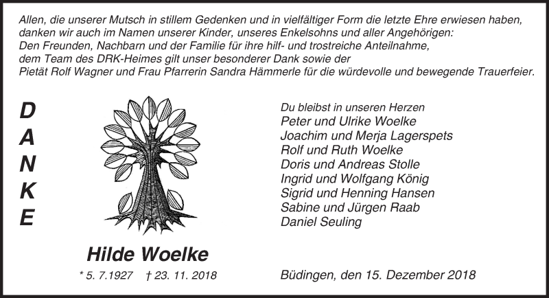 Traueranzeige für Hilde Woelke vom 15.12.2018 aus 561 Kreisanzeiger
